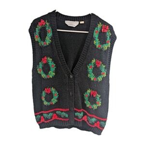 Vtg Blair Boutique Sweater Vest Hand Knit Grannycore Christmas Womens L/XL Korea